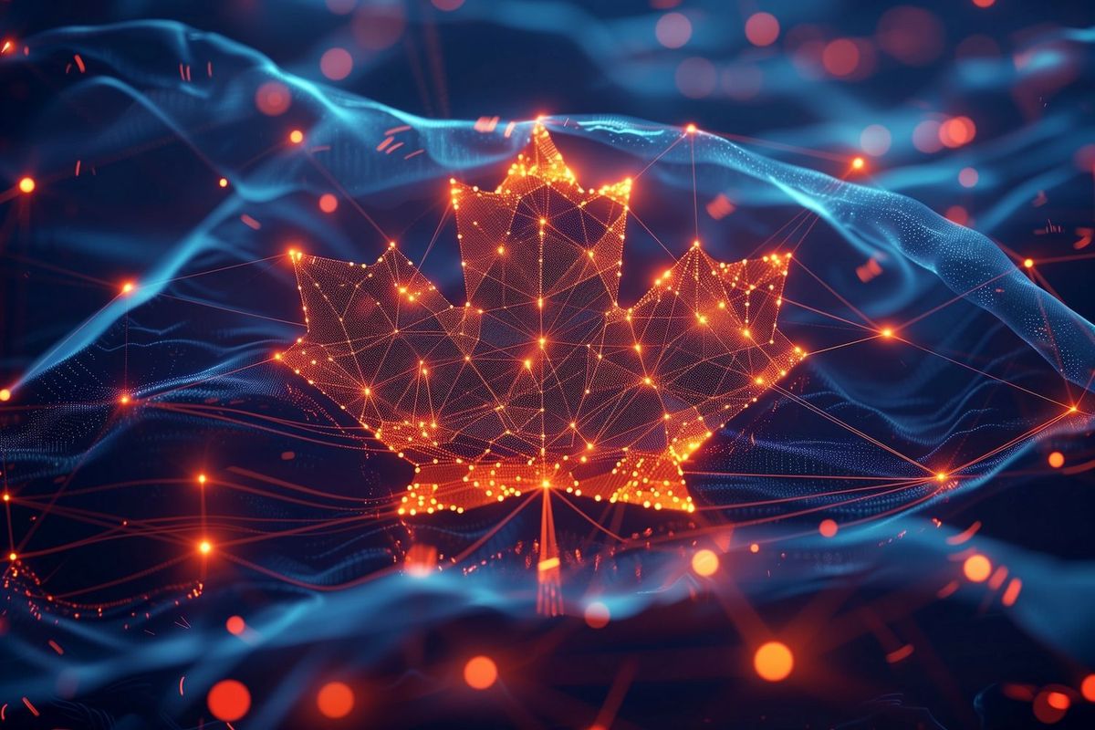 Glowing geometric maple leaf on a dark, abstract digital background.
