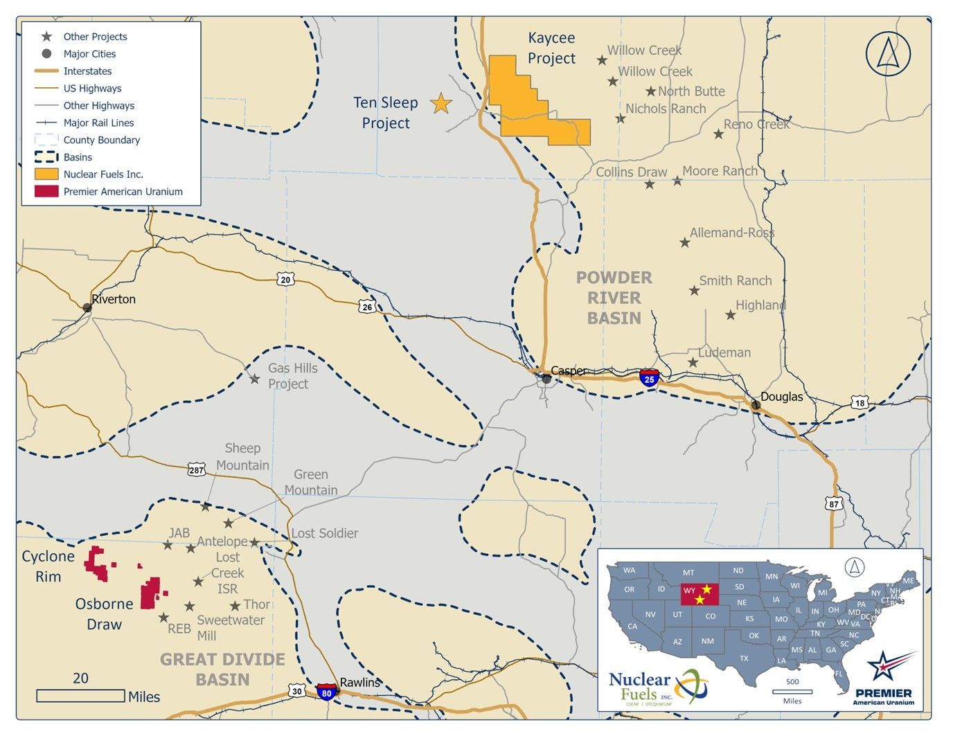 Location of Nuclear Fuels' Kaycee Project in Wyoming's Powder River Basin, situated near Premier American Uranium's Cyclone Project in the neighbouring Great Divide Basin.